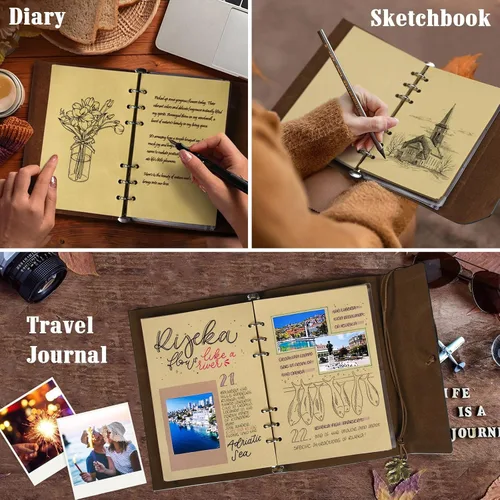 Miniatura 6 de Diarios de cuero con páginas en blanco, diario vintage rellenable para escribir, diario de viaje personal, cuaderno de bocetos de arte