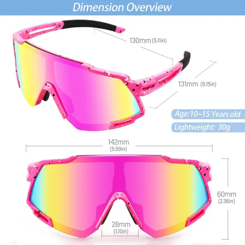 Miniatura 5 de Youth Viper Polarized Sunglasses for Kid Boys Girls Age 10-15 4 Interchangeable Lenses UV400 Glasses for Cycling Baseball Puntos+rosa