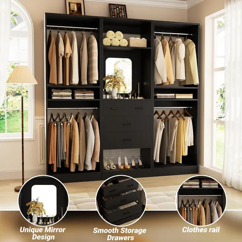Miniatura 3 de Unikito Sistema de Armario Walk-in de 75 Pulgadas con 4 Cajones, Organizador de Armario de 6.3 Pies con Barras Colgantes y Diseño de Espejo, Armario