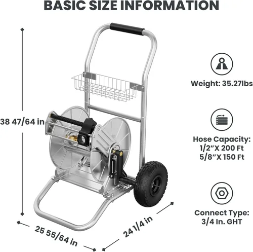 Miniatura 7 de Carro portamangueras de jardín Giraffe Tools con ruedas, carrito de manguera de agua de acero inoxidable resistente, capacidad de 200 pies de 1/2