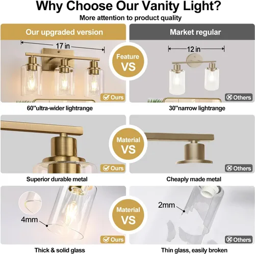 Miniatura 4 de Indoi Lámparas de baño de 3 luces, luces de tocador de latón para baño con pantallas de vidrio transparente, modernos apliques de pared de baño