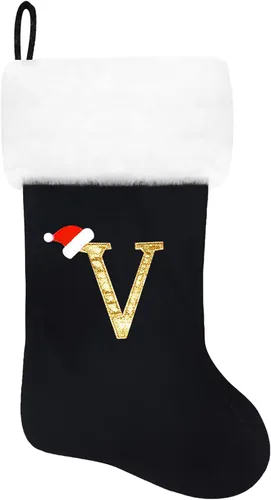 Miniatura 61 de Calcetines de Navidad bordados de 20 pulgadas con monograma, terciopelo negro con puño de felpa blanca supersuave, adornos clásicos para decoración