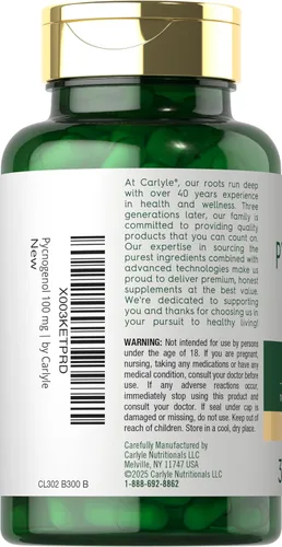 Miniatura 3 de Carlyle Pycnogenol 100mg 30 cápsulas Extracto de corteza de pino marítimo francés Pinus Pinaster Suplemento sin OMG y sin gluten