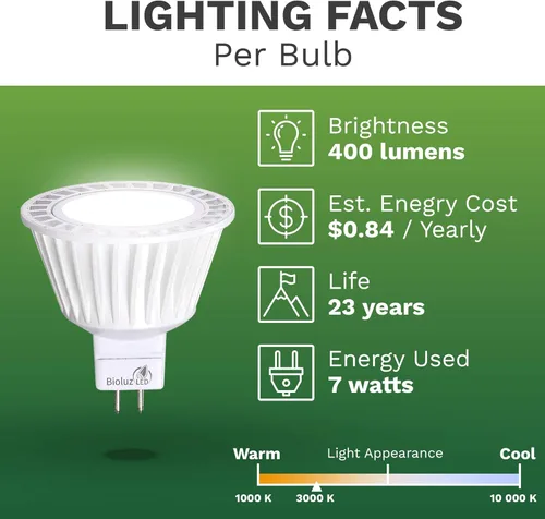 Miniatura 4 de Bioluz LED Paquete de 5 Bombillas MR16 Equivalentes a Halógeno de 50 Vatios Regulables usa 7W, Halógeno 3000K 12V CA/CC, Certificado UL, Alto CRI