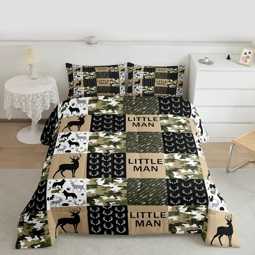 Miniatura 99 de Juego de edredón de cuernos de ciervo tamaño individual, juego de ropa de cama rústica de granja con huellas de oso y pinos para decoración