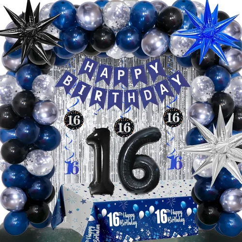 Miniatura 14 de Decoraciones de cumpleaños número 10 para niños y niñas, color azul oscuro, doble dígitos con pancarta de feliz cumpleaños, mantel de globos de 10