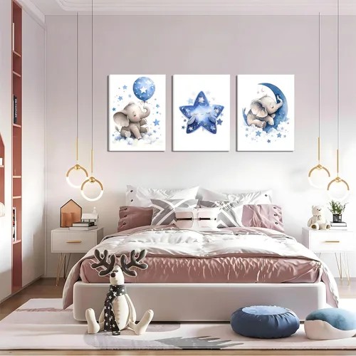 Miniatura 3 de Juego de 3 Arte de Pared en Lienzo para Cuarto de Bebé Niño, Pintura de Decoración de Pared con Imagen de Elefante Azul Luna y Estrellas, Lindos