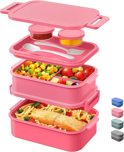 Miniatura 10 de DaCool Lonchera Bento para adultos, caja Bento de 74 onzas, contenedor apilable todo en uno para adultos, caja Bento grande con tenedor, cuchara