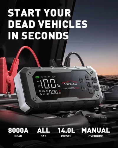 Miniatura 2 de Arrancador de batería para automóvil 10 en 1 con compresor de aire, arrancador de batería de 8000A 160PSI (todo gas/14L diésel), arrancador portátil