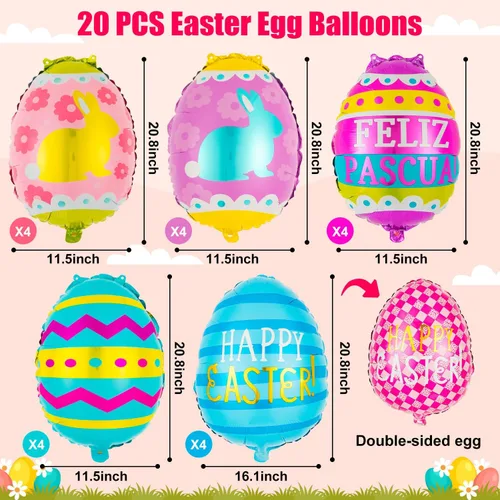 Miniatura 5 de 20 globos de huevo de Pascua, globos de papel de aluminio de feliz Pascua, globo de huevo Mylar para suministros de decoración de fiestas