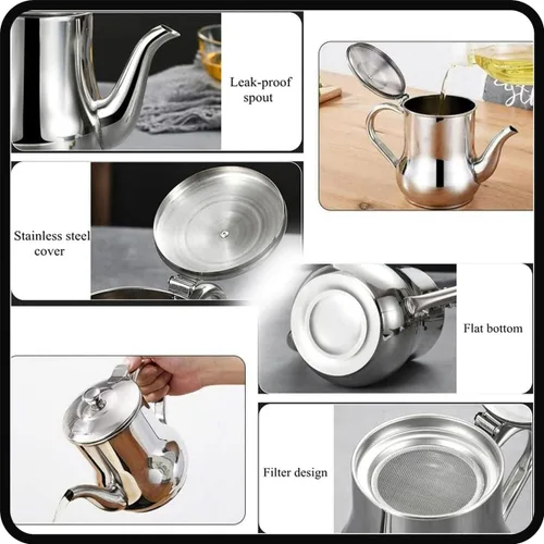Miniatura 6 de Olla de filtro de aceite de acero inoxidable con colador, olla de aceite de acero inoxidable con colador y boquilla, jarra de aceite de filtro