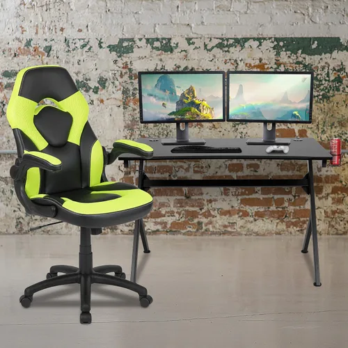 Miniatura 63 de Flash Furniture Juego de escritorio para juegos negro y silla de carreras blanco/negro con soporte para tazas, gancho para auriculares y soporte