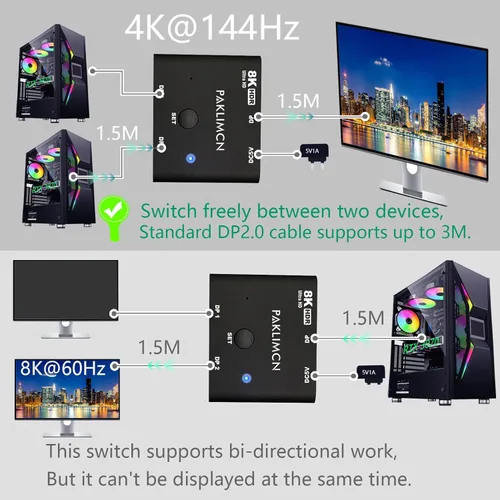 Miniatura 2 de Conmutador DisplayPort bidireccional 8K60Hz Puerto de pantalla 1.4 Caja de conmutación con 2 cables DP, 4K @144Hz 2in1out 1 en 2 salidas