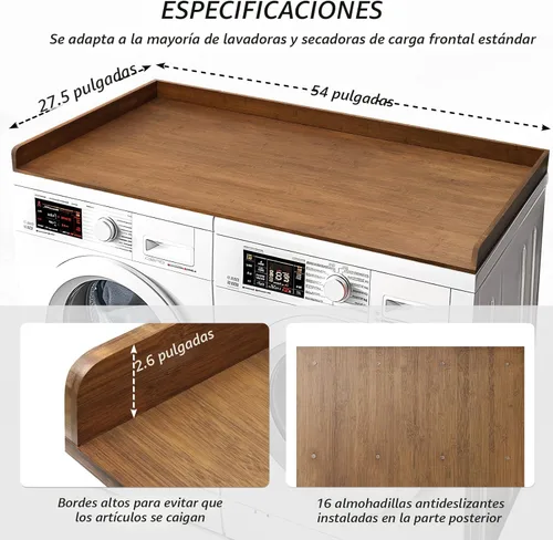 Miniatura 4 de Gashell Encimera de lavadora y secadora, encimera de bambú para lavadora y secadora de 27.5 x 54 pulgadas para organización de lavandería