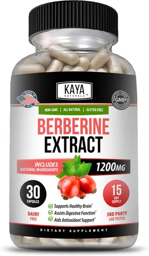Kaya Naturals Extracto de berberina HCL de 1200 mg - Sistema inmunológico - Niveles de gluco - Salud intestinal (vegetariano, sin OMG y sin gluten)