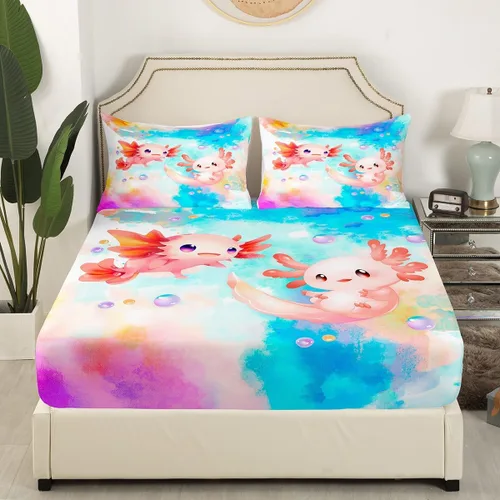 Miniatura 2 de Castle Fairy Bonito juego de sábanas de Axolotl, juego de sábanas de teñido anudado colorido, juego de ropa de cama de animales Kawaii para niños