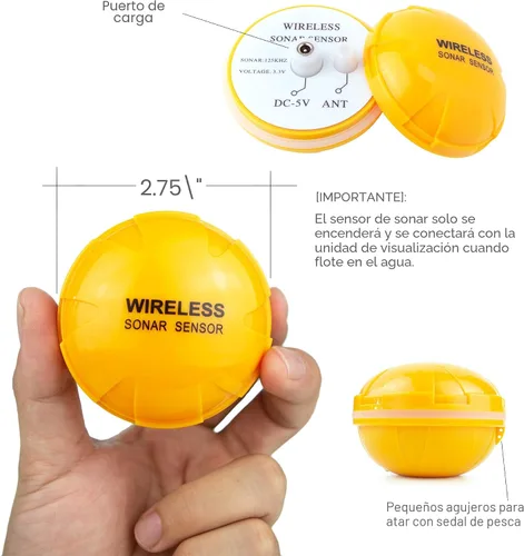 Miniatura 4 de ecosonda portátil recargable, sensor de sonar inalámbrico, localizador de profundidad con tamaño de los peces, contorno del fondo, pantalla LCD a