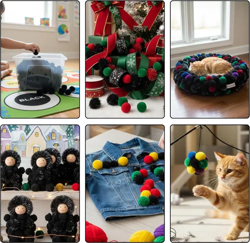 Miniatura 3 de Pllieay 160 pompones con bolas brillantes para decoraciones de Pascua, pompones negros de 1 pulgada para manualidades, decoración del hogar del día