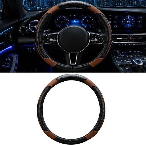 Miniatura 24 de Funda para volante de automóvil, microfibra de fibra de carbono de 15 pulgadas, antideslizante, transpirable, protector elástico para volante
