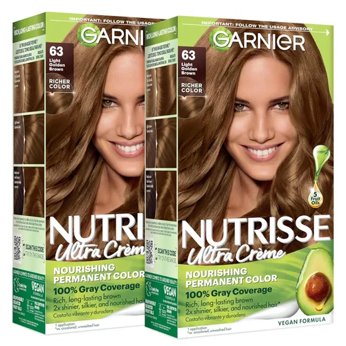 Garnier Nutrisse - Tinte en crema nutritiva para el cabello, 63 marrón dorado claro (azúcar morena), 2 unidades (el empaque puede variar)