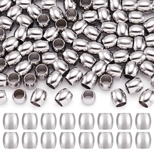 Fashewelry - 100 cuentas espaciadoras de agujero grande de acero inoxidable en forma de barril de 6x6 mm, cuentas ovaladas de metal pulido liso,