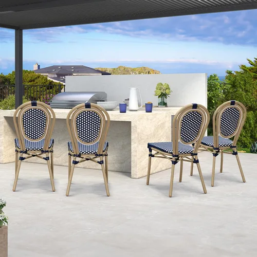Miniatura 21 de PURPLE LEAF Juego de 1 silla de comedor al aire libre, marco de aluminio francés en acabado de bambú con ratán tejido ámbar y blanco para cocina