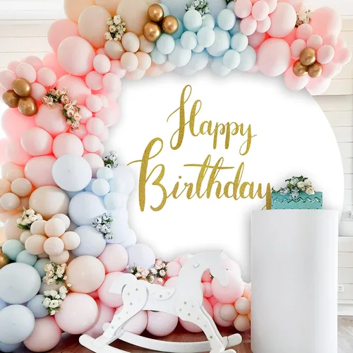 Miniatura 4 de Cartel de feliz cumpleaños dorado de 6.5 pies, cubierta de fondo circular blanco con 4 clips, telón de fondo redondo para fotografía, cartel dorado