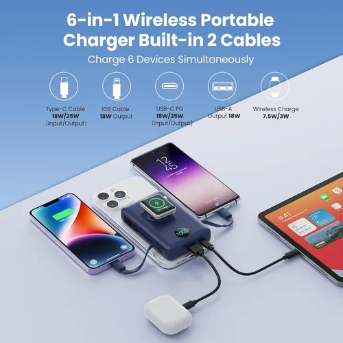 Miniatura 46 de Cargador portátil magnético de 10800 mAh para iPhone con cables integrados, cargador de batería inalámbrico 6 en 1 con cargador iWatch, pantalla LCD