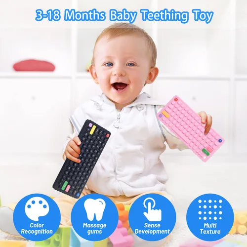 Miniatura 4 de Juguetes de dentición con teclado para bebés de 0-3, 0-6, 6-12 meses Juguetes mordedores de teclado de silicona suave Juguetes para ansiedad Azul