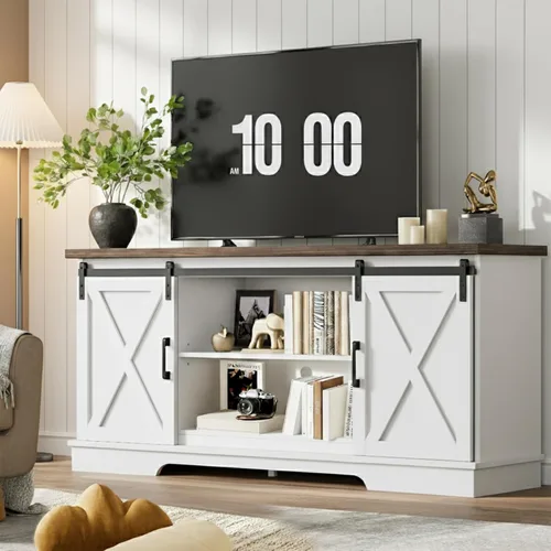 Miniatura 13 de GarveeHome Soporte de TV de granja para TV de hasta 65 pulgadas y centro de entretenimiento con puertas corredizas de granero y estante ajustable