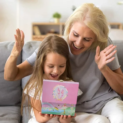 Miniatura 5 de Jewelkeeper Caja de almacenamiento de joyería musical para niña con cajón extraíble, diseño de arcoíris y lámina dorada, tono de lago de cisne