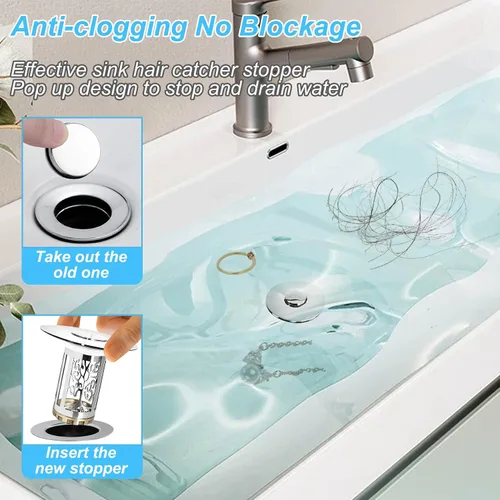 Miniatura 4 de BAOLSLS Tapón de drenaje para lavabo de baño, colador de drenaje para lavabo de baño con cesta recolectora de cabello emergente y extraíble