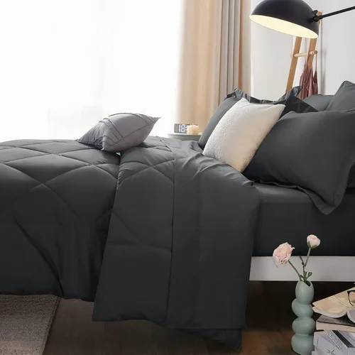 Miniatura 9 de CozyLux Juego de ropa de cama con edredón tamaño King gris oscuro - Juego de 7 piezas en una bolsa, juego de cama lujoso y suave para todas