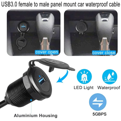 Miniatura 5 de QIANRENON Cable USB 3.0 de 5 Gbps a prueba de agua para automóvil, cable USB 3.0 hembra a macho para montaje en panel con luz LED, carcasa