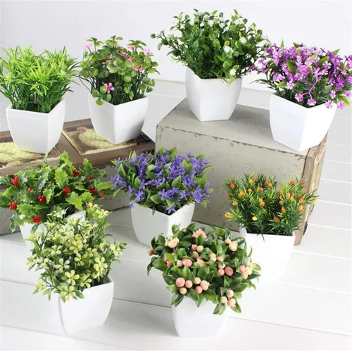 Miniatura 4 de Trébol cuadrado pequeño de cuatro hojas + flor (blanco) planta falsa en maceta artificial Bonsái Planta de plástico para el hogar, baño, hogar