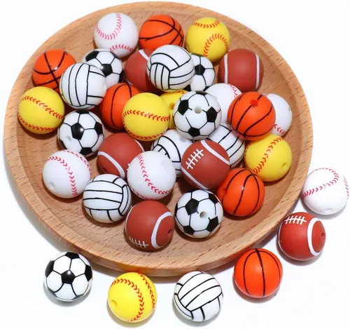 Miniatura 3 de 36 cuentas de silicona para fabricación de llaveros de 0.47 pulgadas y 0.59 pulgadas a granel de béisbol, baloncesto, fútbol, deporte, focal