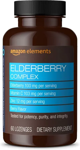 Amazon Elements Complejo de saúco, apoyo al sistema inmunológico, 60 pastillas con sabor a bayas, saúco 100 mg, vitamina C 103 mg, zinc 12 mg por