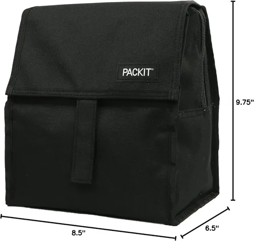 Miniatura 9 de PackIt Bolsa de almuerzo congelable, negra, fabricada con tecnología EcoFreeze, plegable, reutilizable, cierre con cremallera y doblez con asa