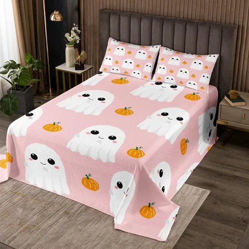 Colcha de fantasma de dibujos animados, dibujado a mano rosa y blanco para dormitorio de todas las estaciones, juego de colcha tamaño Queen con 2
