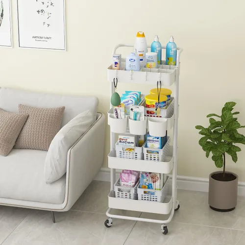Miniatura 2 de Devo Carrito con ruedas de 4 niveles, carrito de almacenamiento resistente, con asa, 4 ganchos laterales, 2 tazas de almacenamiento y ruedas