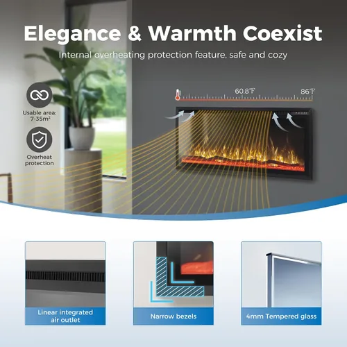 Miniatura 7 de MAISON ARTS Chimenea eléctrica de 42 pulgadas, calentador eléctrico empotrado y montado en la pared, marco ultra estrecho con control remoto