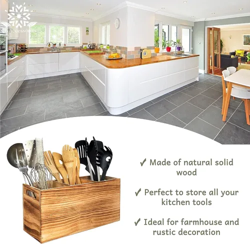 Miniatura 5 de Organizador de utensilios de madera para mostrador, organizador grande de utensilios de madera para encimera, almacenamiento de herramientas