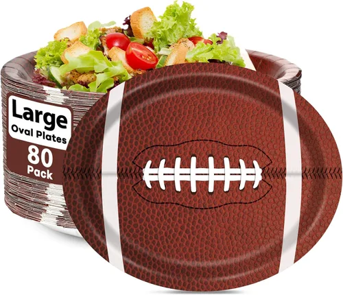 80 platos de papel ovalados de fútbol grandes de 11 pulgadas desechables de rugby americano, platos deportivos de rugby americano, para retoque de