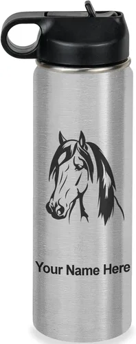 Miniatura 48 de LaserGram Botella de agua personalizada, cabeza de caballo 1, acero inoxidable de doble pared aislada al vacío con popote superior, regalo grabado