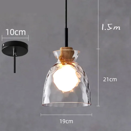 Modern Kitchen Island Pendant Lights, Handblown Clear Glass Shade Hanging Pendant Lamp with Wood Finish, 59in Adjustable Cord Chandelier for Bedroom