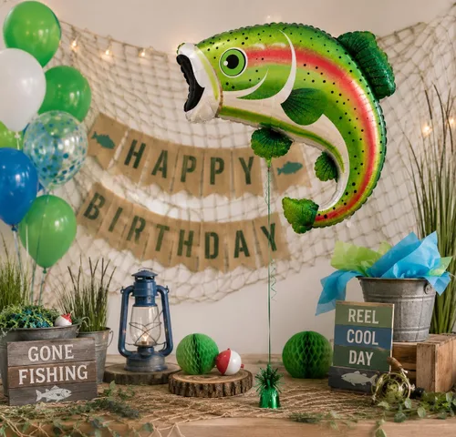 Miniatura 6 de Artisan Owl Globo de pesca de papel de aluminio de trucha arcoíris de 29 pulgadas, decoración de fiesta para cumpleaños, 1 pieza