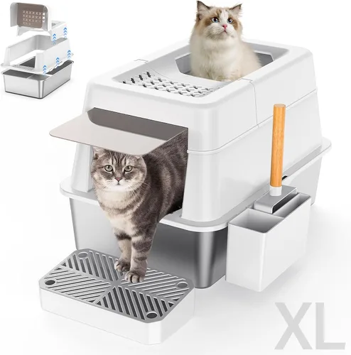 Miniatura 10 de Aphyxen Caja de arena de acero inoxidable con tapa, caja de arena para gatos extra grande cerrada para todos los gatos, diseño modular con tapa