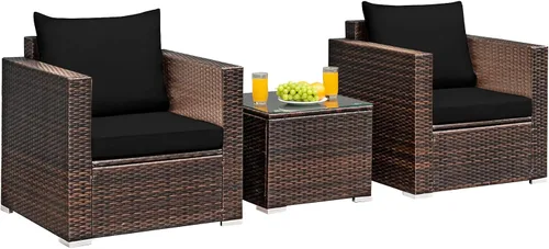 Miniatura 18 de Tangkula Juego de muebles de patio de 3 piezas, juego de sofá de mimbre de ratán PE con cojín lavable y mesa de vidrio templado, muebles de Mezcla