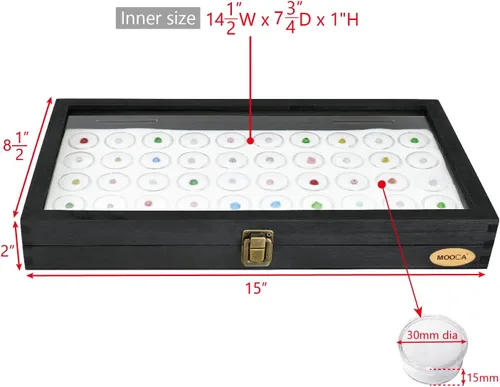 Miniatura 2 de MOOCA Caja de exhibición de joyería negra con tapa de cristal, 50 frascos de gemas, caja de anillos, organizador de joyas, almacenamiento de tarros