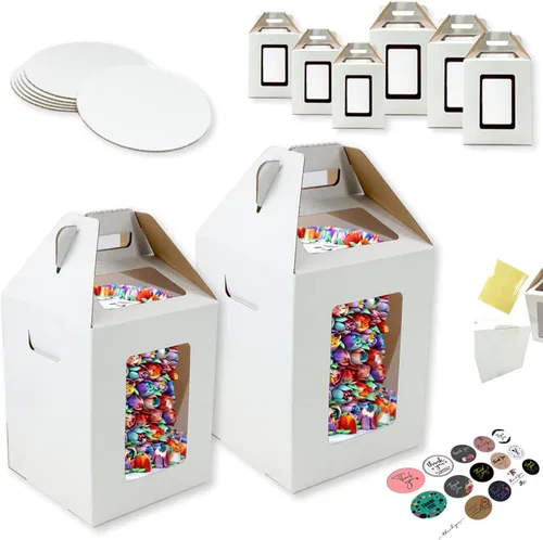 Miniatura 8 de Paquete de 4 cajas altas de tres asas para pasteles con ventanas en 2 tamaños de 10 x 10 x 12 y 12 x 12 x 14 + 4 tablas de pastel de 10 y 12